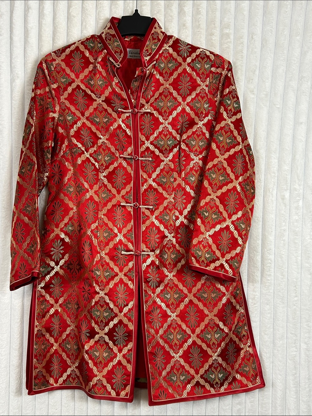 Christina "Best Quality" Vintage Red & Gold Floral Satin Brocade long jacket M